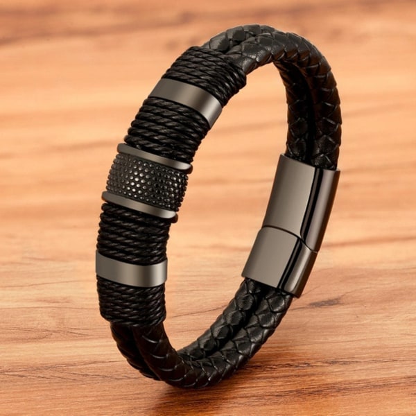 Punk vävt rostfritt stål läderrep armband 22 cm