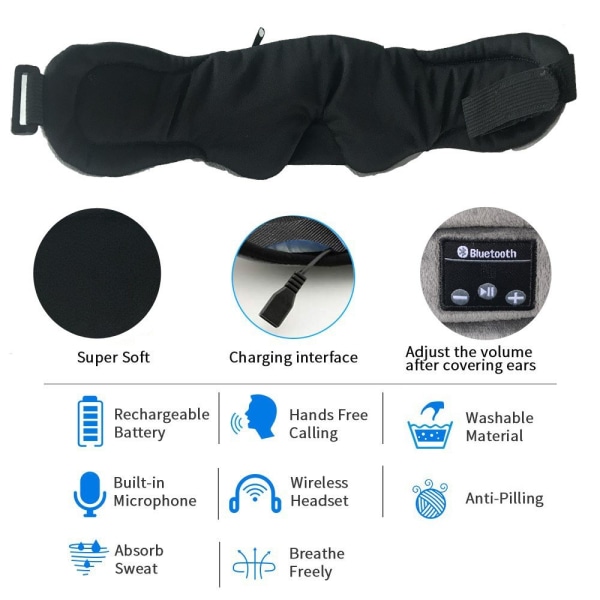 INF Sovhörlurar - Sovmask med hörlurar Bluetooth 5.0 Svart