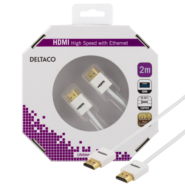 Thin HDMI cable, HDMI High Speed with Ethernet, 2m, white