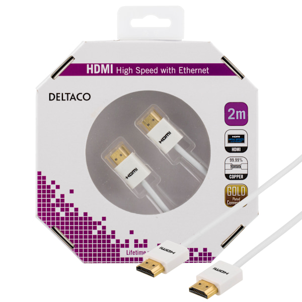 Thin HDMI cable, HDMI High Speed with Ethernet, 2m, white