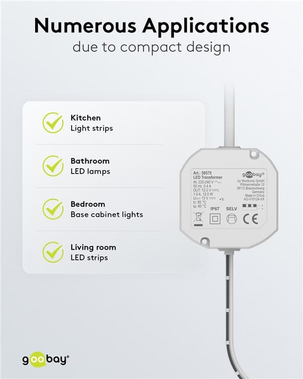 LED-transformator 12 V (DC) (DC), 12 W, IP67