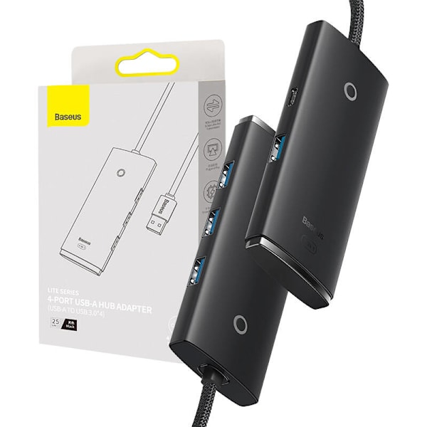 Baseus Lite Series Hub 4in1 USB till 4x USB 3.0, 25cm (svart)