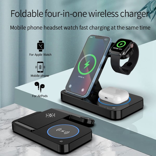 Taitettava 4-in-1 langaton laturi puhelimelle, Airpodille, Apple Watchille Musta