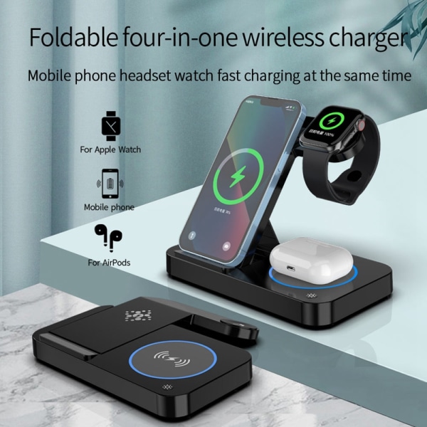 Vikbar 4-i-1 trådlös laddare för telefon, Airpods, Apple Watch S Svart