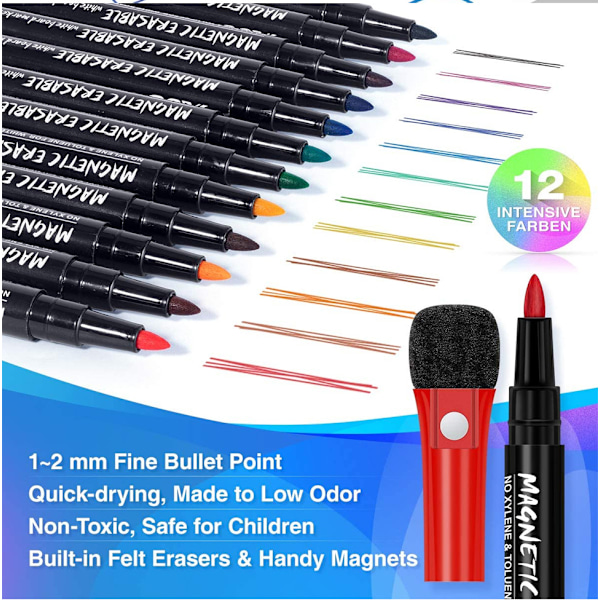 Livfulla whiteboardmarkörer set - 12 färger med sudd