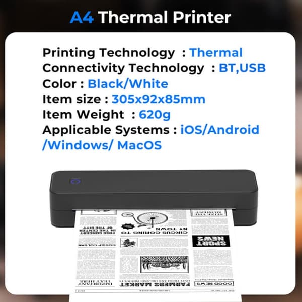 A4 termisk printer med Bluetooth og USB, blækfri udskrivning til dokumenter og etiketter, bærbart ABS-design til hjem og kontor White White