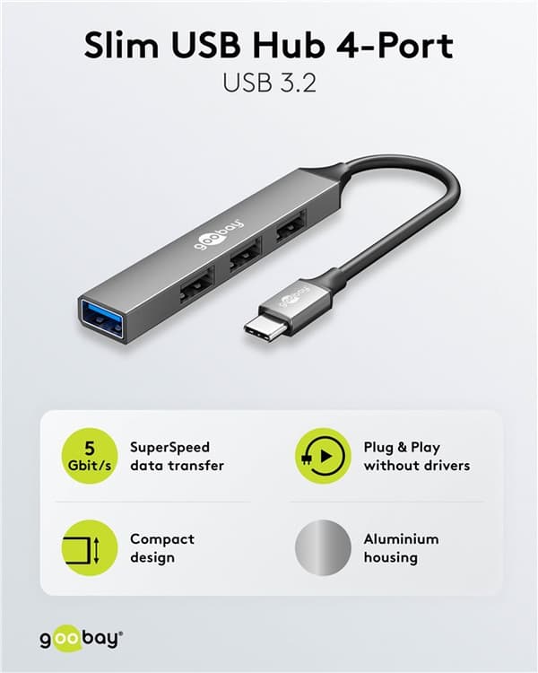 Ohut USB-keskitin 4 portilla, USB-C™ - USB-A, 5 Gbit/s