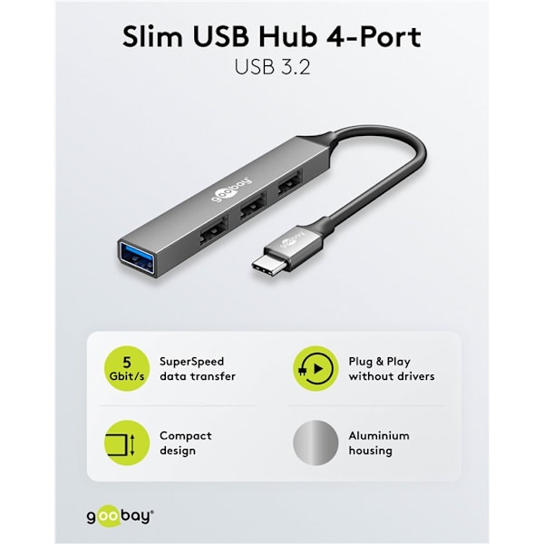 Slim USB-hubb med 4 portar, USB-C™ till USB-A, 5 Gbit/s