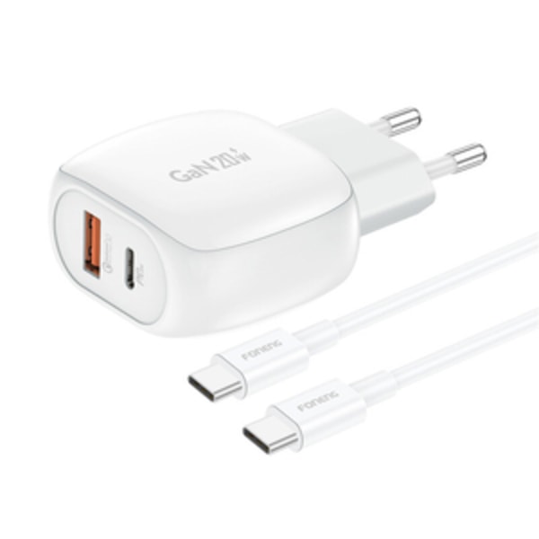 Foneng EU41 USB-C+USB-A 20W strömladdare + USB-C-USB-C-kabel (vit)