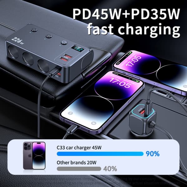 3-vejs cigarettænder biloplader med dual USB og Type-C PD45W, QC3.0, 194w total, 12-24v input og digital voltmeter