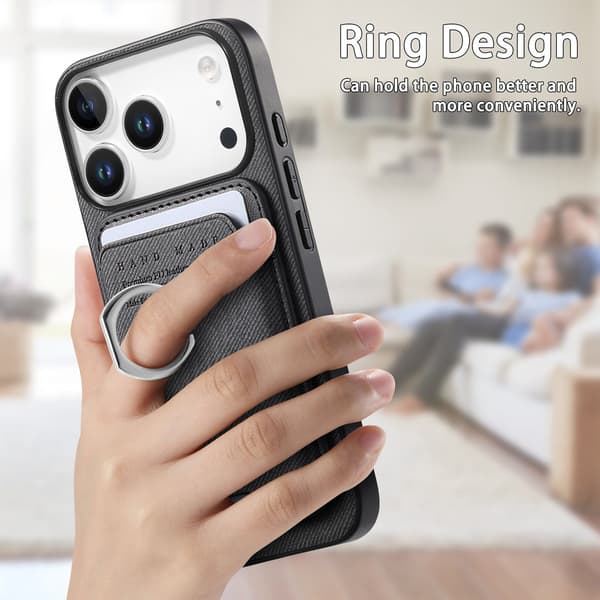 Sort PU Læder Magnetisk Kortholder Ring Etui Kompatibelt med iPhone 17 Pro Max