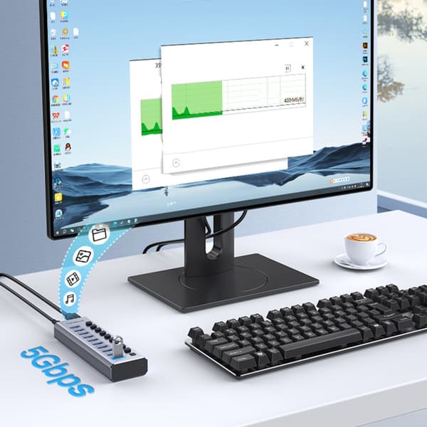 Strömförsörjd USB-hubb med 10 USB 3.0-portar, separata strömbrytare och 5 Gbit/s