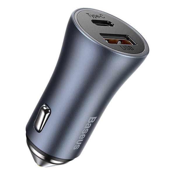 Ładowarka samochodowa Baseus Golden Contactor Pro, USB + USB-C, QC4.0+, PD, SCP, 40W (szara) + kabel USB-C till iP 1m (t