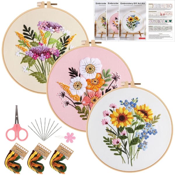 DIY Handbroderi Startpaket - 3 Set med Blommönster, Båge och Verktyg