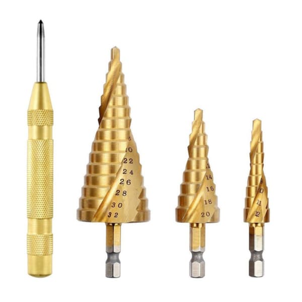 3-pack Hex Shank Spiral Borrsteg Center Punch Combo Set - Guld Titanium Belagd