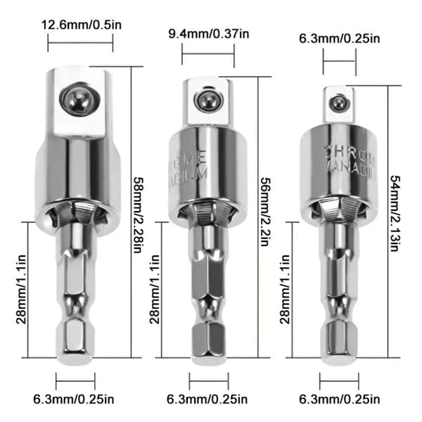 3 stk. Universal Joint Socket Adapter Sæt med Sølv Kort Skruenøgle - 1/4", 3/8", 1/2" Drev Impact