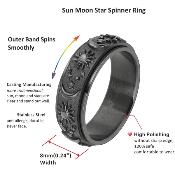 Anti-stress ring lavet af rustfrit stål med sol og måne Sort 23 mm