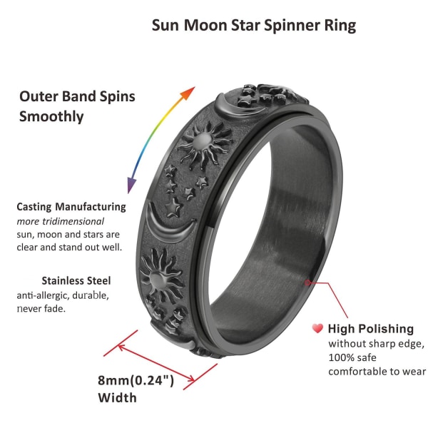 Anti-stress ring lavet af rustfrit stål med sol og måne Sort 23 Sort 23 mm