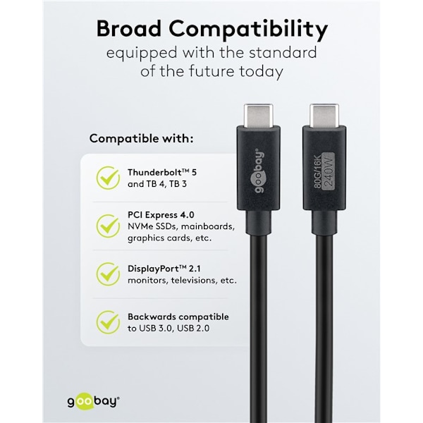 Certifierad USB-C™-kabel, USB4™ version 2.0, 240 W, 80 Gbit/s, PD, 1,2 m