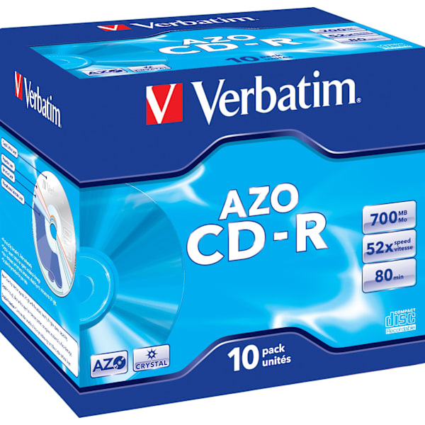 CD-R, 52x, 700 MB/80 min, 10-pack jewel case, AZO, Crystal