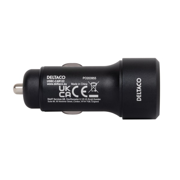 USB car charger, 1xUSB-A 18W, 1xUSB-C PD 20W, tot 38W, black