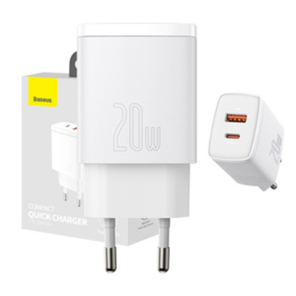 Baseus kompakt snabbladdare, USB, USB-C, 20W (vit) Vit