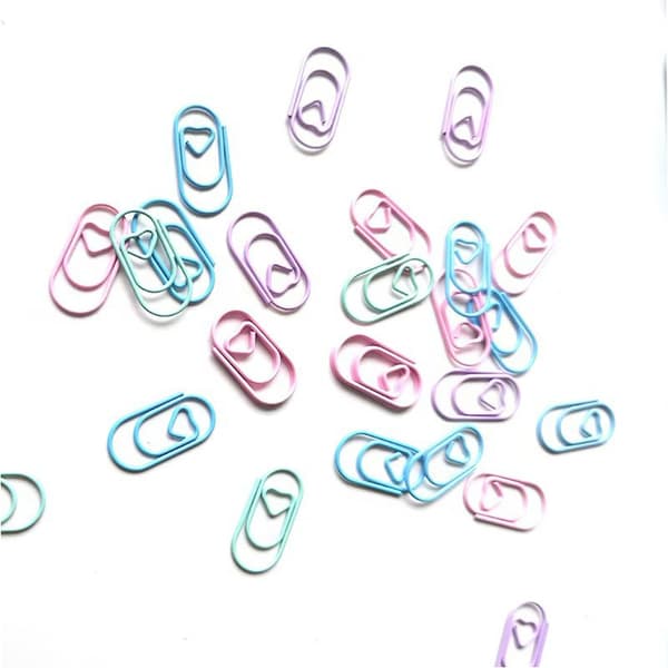 Mini hjerteformede papirclips - 50 stk, Søde macaronfarvede metalpapirclips til bogmærker