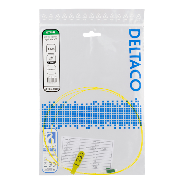 OS2 Fiber pigtail, LC, simplex, APC, 9/125, 1,5m