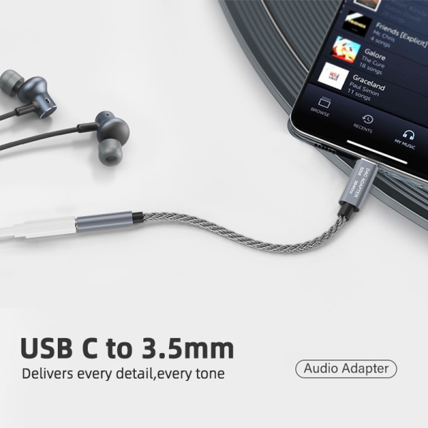 INF 32 bit / 384 kHz USB-C - 3,5 mm äänisovitinkaapeli DAC-sovitin Harmaa