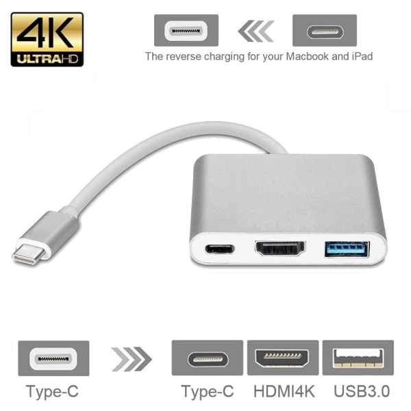INF USB-C Multiport Adapter till USB, USB-C (USB PD), 4K HDMI kompatibel Silver