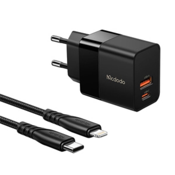 Väggladdare Mcdodo CH-1952 USB + USB-C, 20W + USB-C till Lightning-kabel (svart)