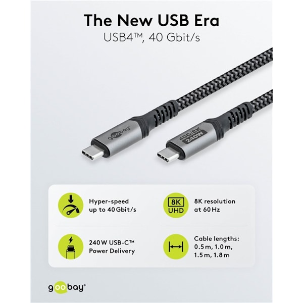 USB-C™-kabel med tekstilkappe, USB4™, 240 W, 40 Gbit/s, Power Delivery, 1,5 m