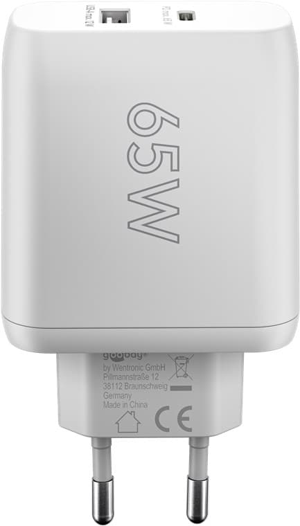 65 W USB-C PD GaN dubbel snabbladdare vit