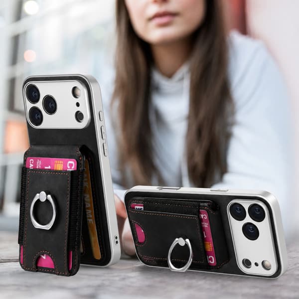 Sort PU-pungeetui kompatibelt med iPhone 17 Pro Max og iPhone 18 Pro Max med RFID-blokering og ringholder