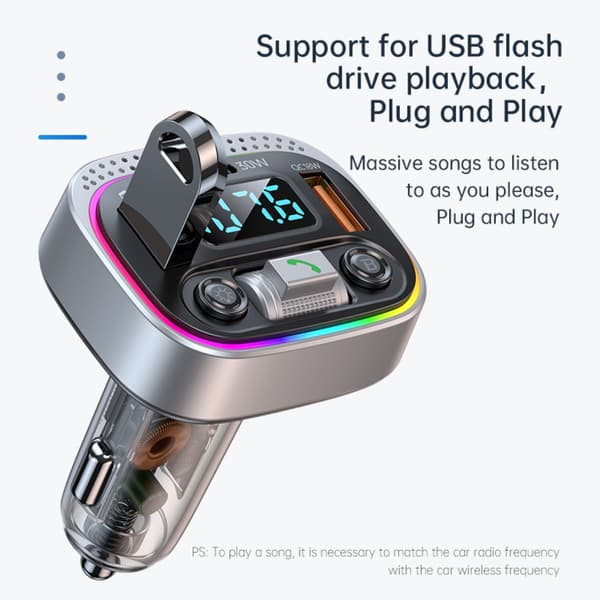 Bil Bluetooth MP3-afspiller - Bluetooth 5.3 trådløs lyd, Dual USB med PD 30W hurtigopladning, USB MP3-afspilning til 12V-24V køretøjer