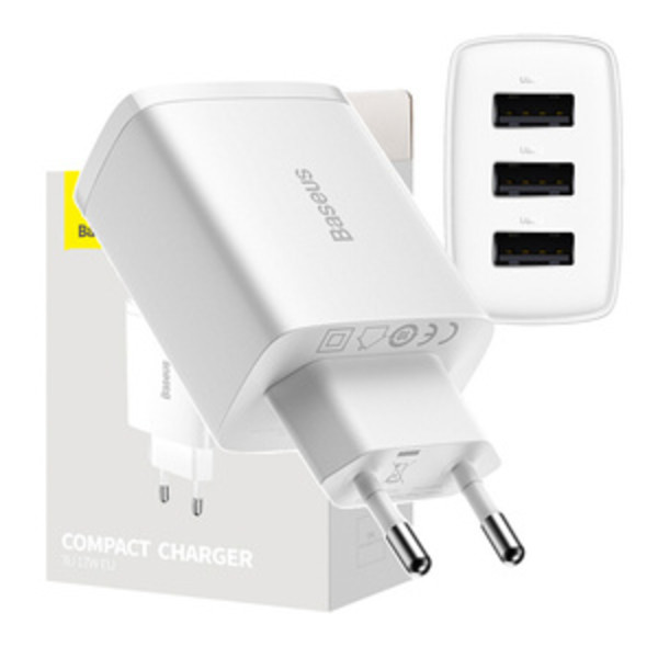 Baseus kompakt snabbladdare, 3x USB, 17W (vit) Vit