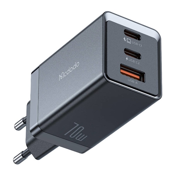 GaN Mcdodo CH-1543 nätverksladdare, 2x USB-C, 1x USB, 67W + USB-C till USB-C 2m kabel (svart)
