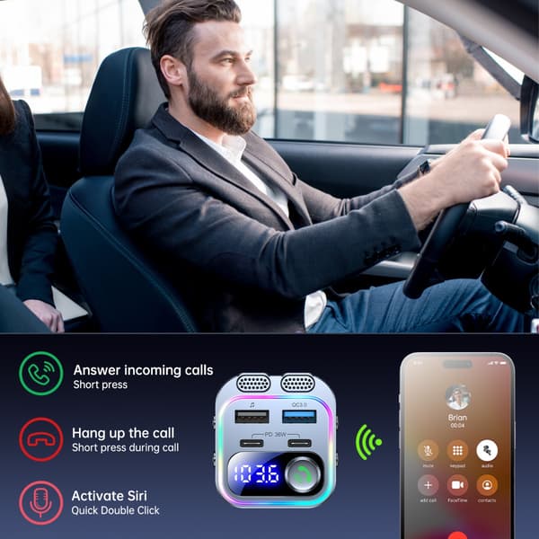 Bil Bluetooth MP3-spelare med Bluetooth 5.3, PD30W snabbladdning och dubbel USB smartladdare (Svart, ABS)