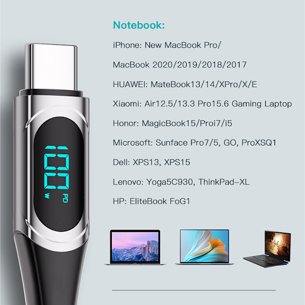 100W Digital Display USB-C Kabel - Flettet Blå 2m