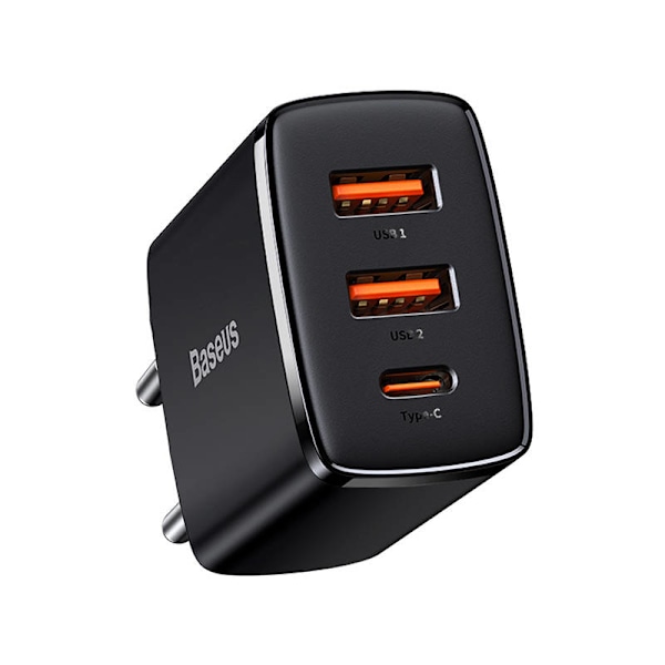 Laddare Baseus kompakt snabbladdare, 2xUSB, USB-C, PD, 3A, 30W (czarna)