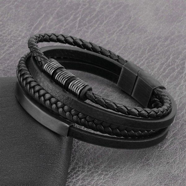 Flerlags vævet læderarmbånd med rustfri stålspænde 22 cm