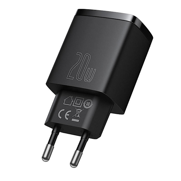 Baseus kompakt snabbladdare, USB, USB-C, 20W (svart)