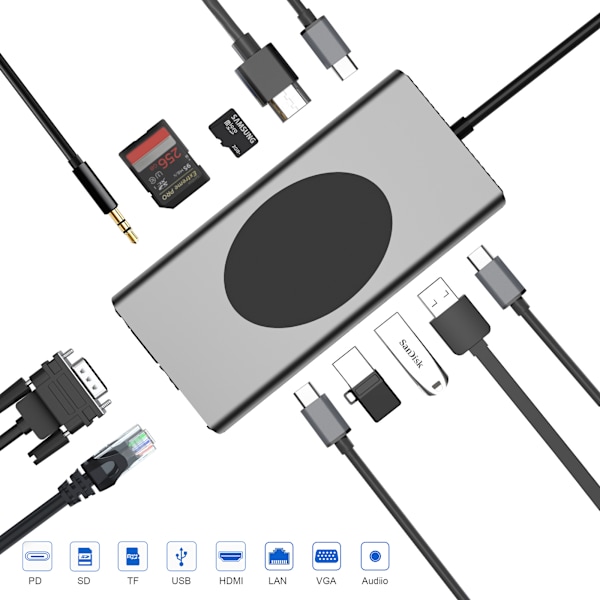 13-i-1 USB-C Hub Multiport Adapter med HDMI, VGA, Ethernet, SD/TF-kortlæser