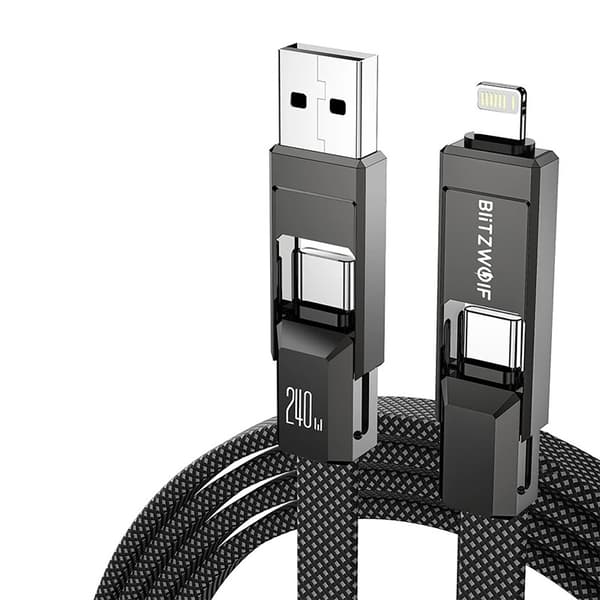 4-i-1 USB-kabel til opladning og data 240W til smartphone, tablet og laptop, 1,2 m nylonflet, sort - BlitzWolf BW-HDC7