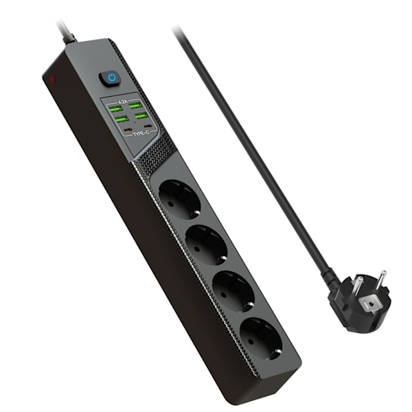 EU 4AC strømstik med 6 USB-porte - BKL-03 Sort