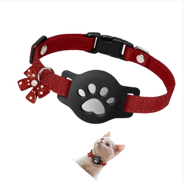 Adjustable Reflective Cat Collar with Silicone Holder kompatibelt med Apple AirTag - Waterproof Polyester Pet Tracker Strap Red Red