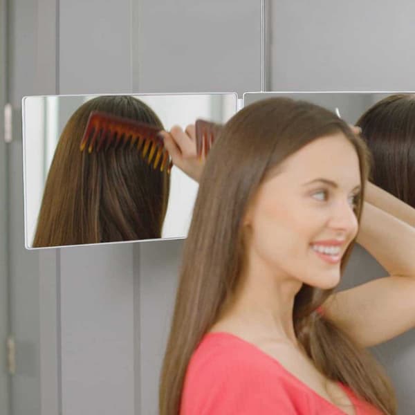 Foldbart makeup-spejl tre-fold til dør og vægmontering – ABS-ramme med glas, kompakt rejse- og salonløsning
