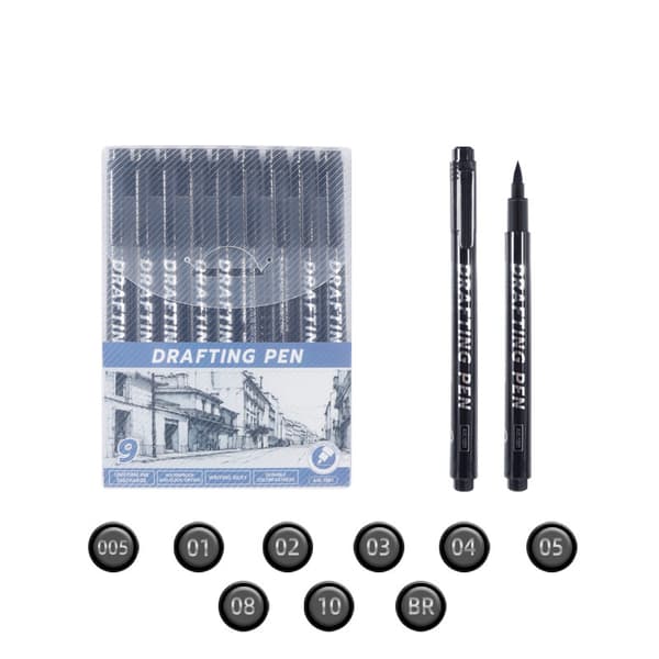 Precision Fineliner Pens Set - 9 Svarta Pennor för Ritning