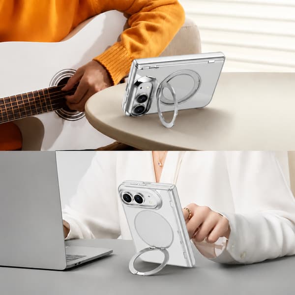 Foldbart PC-telefoncover kompatibelt med iPhone Duo med MagSafe, 360° stativ og hærdet glas Silver Silver