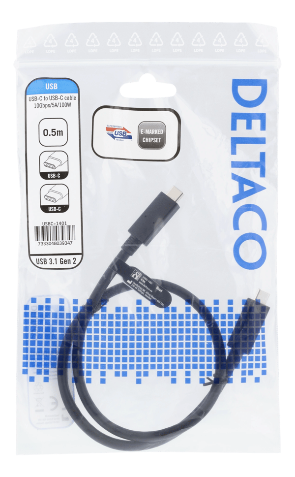 USBC to USBC cable 0.5m 10Gbps 100W 5A USB 3.2 Gen 2 black